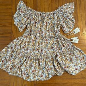 Earthy Floral Off Shoulder Mini Dress S Boho Tassel Fairy Flowy Sundress Coverup
